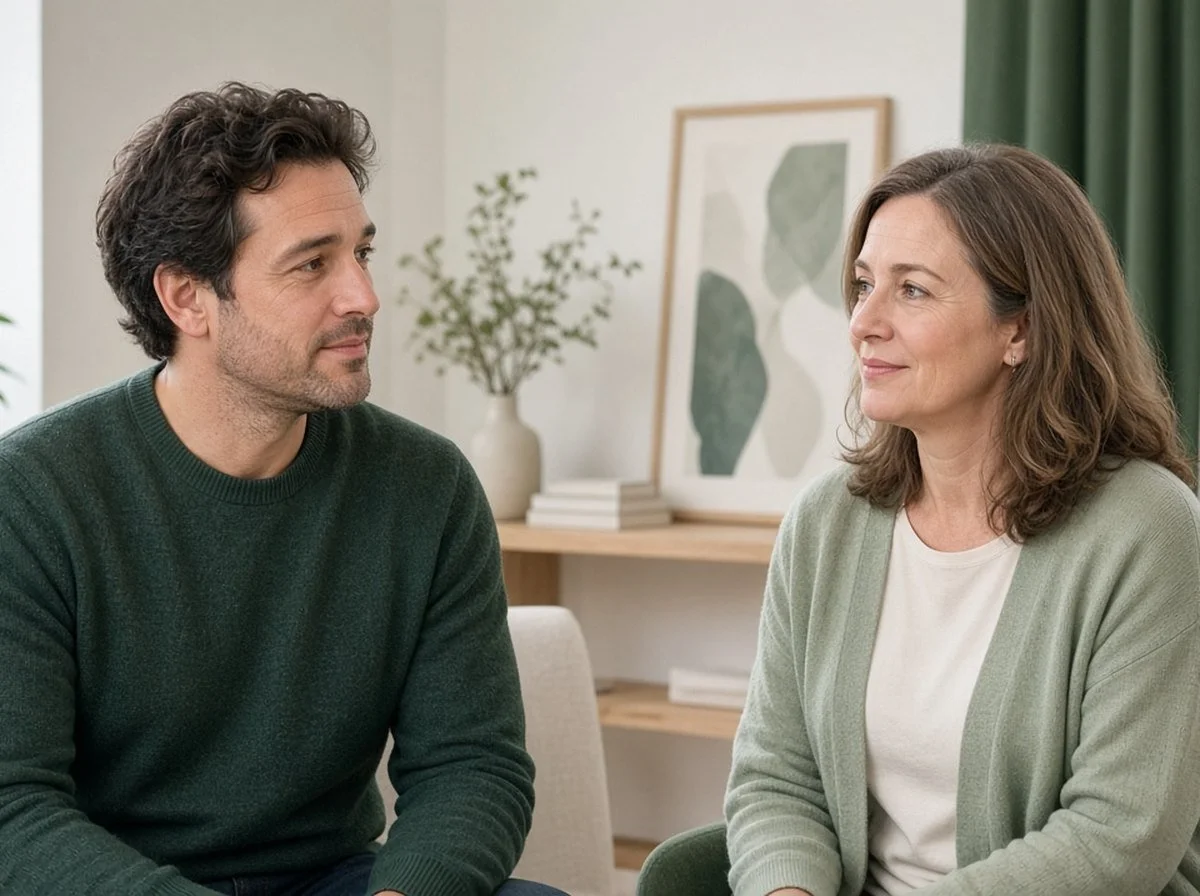 An adult man talking with a counsellor in a calm office