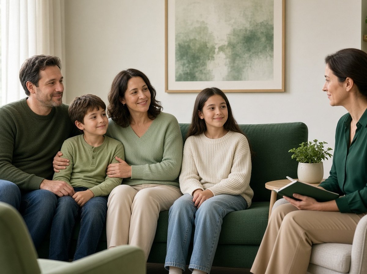 A family of four relaxed on a couch in a bright counselling office