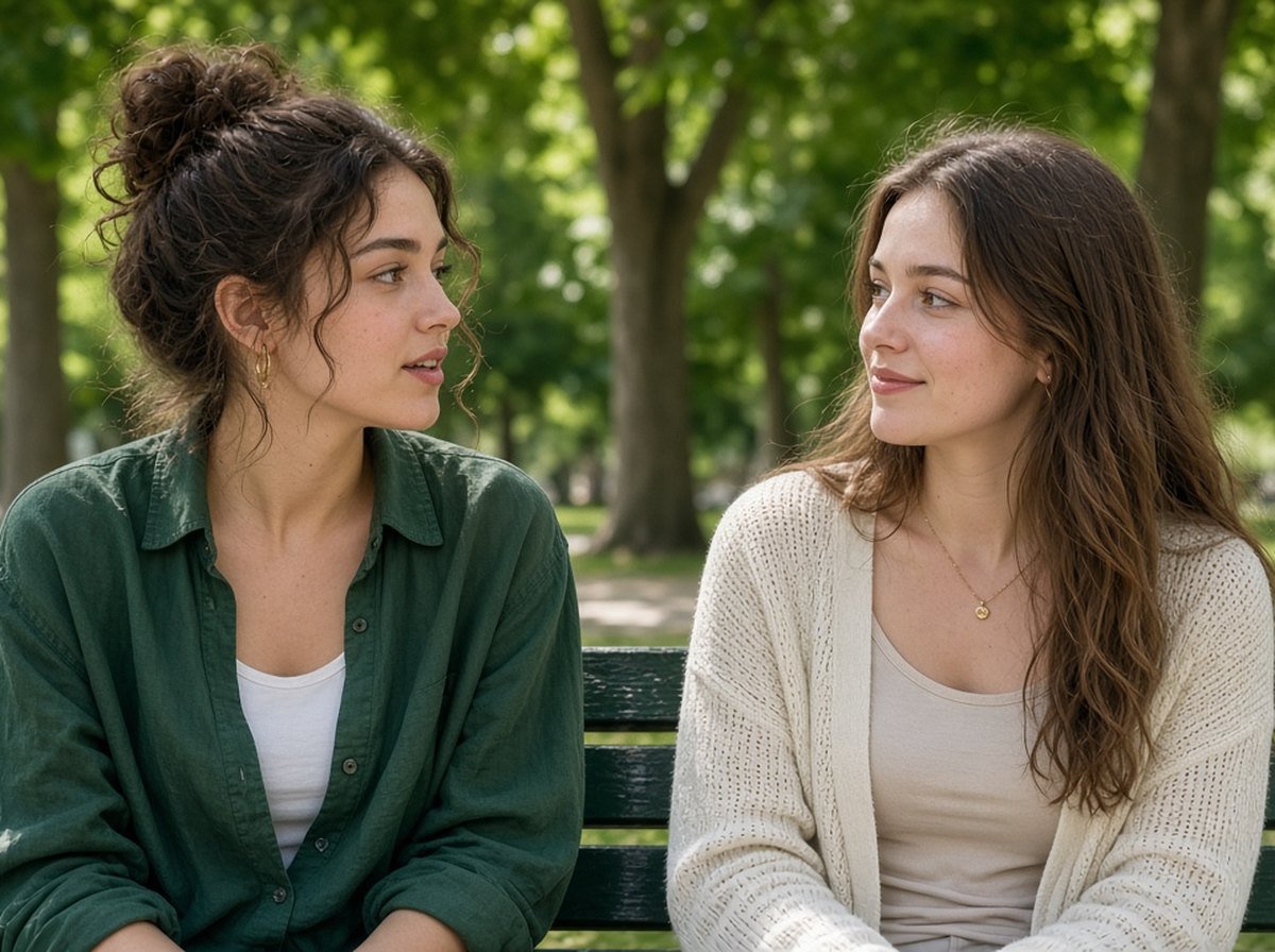 Two friends sitting side by side on a park bench talking