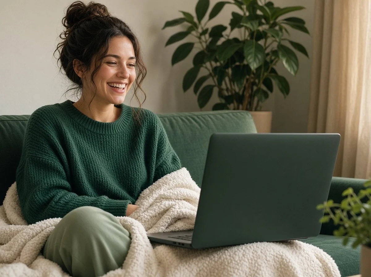 A relaxed young adult laughing on a video call at home