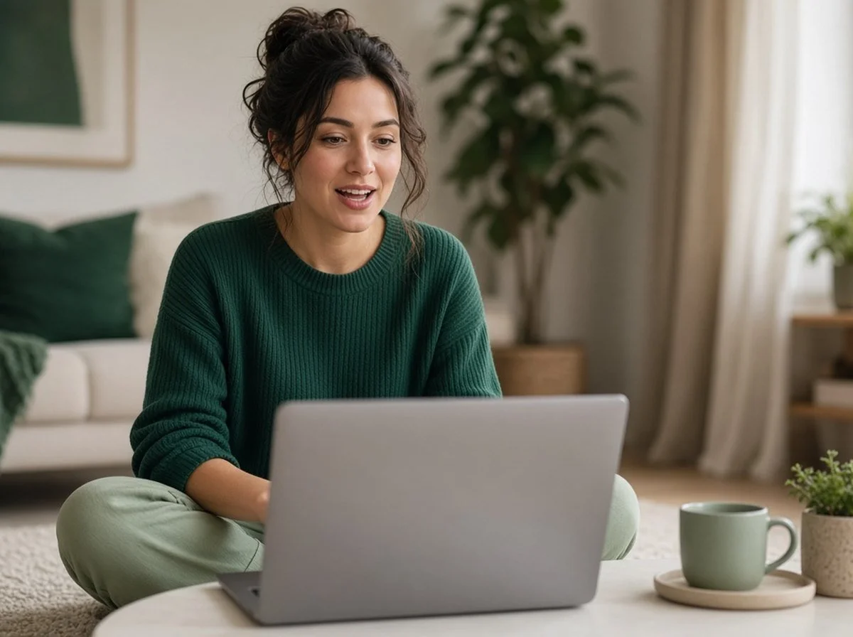 A woman in an online therapy session at home