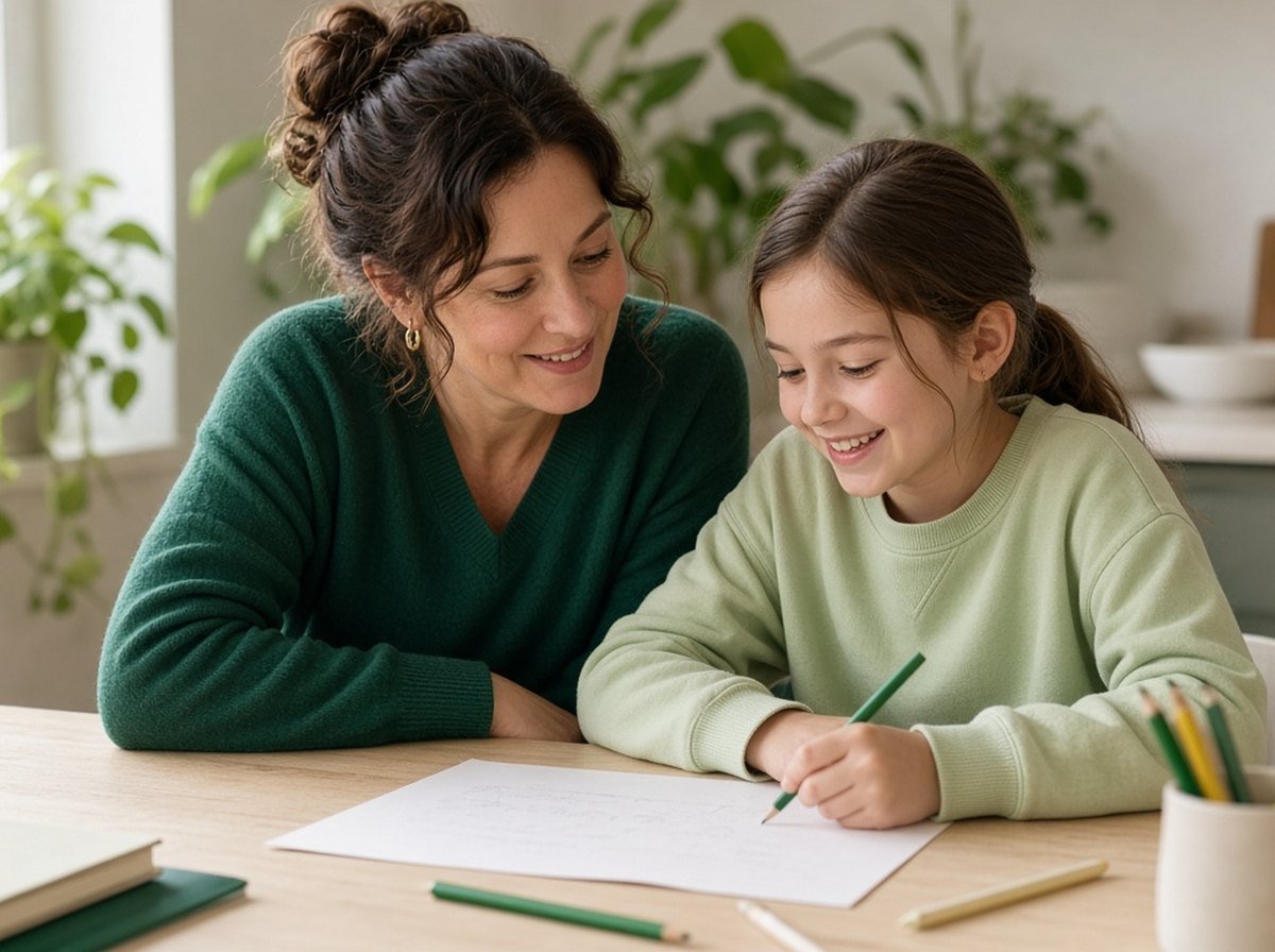 Parent helping their child with homework at the kitchen table