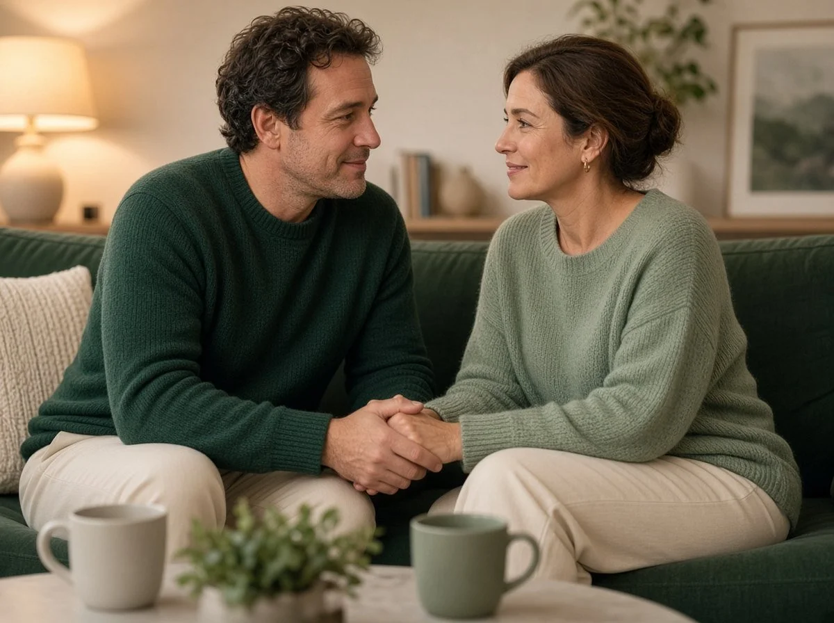 Couple in their forties holding hands and talking quietly on a sofa.