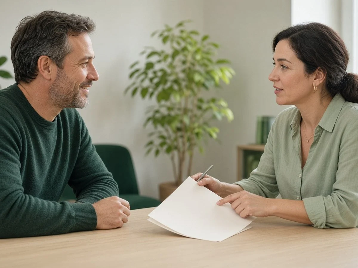 Father smiling as a psychologist explains an assessment report at a table