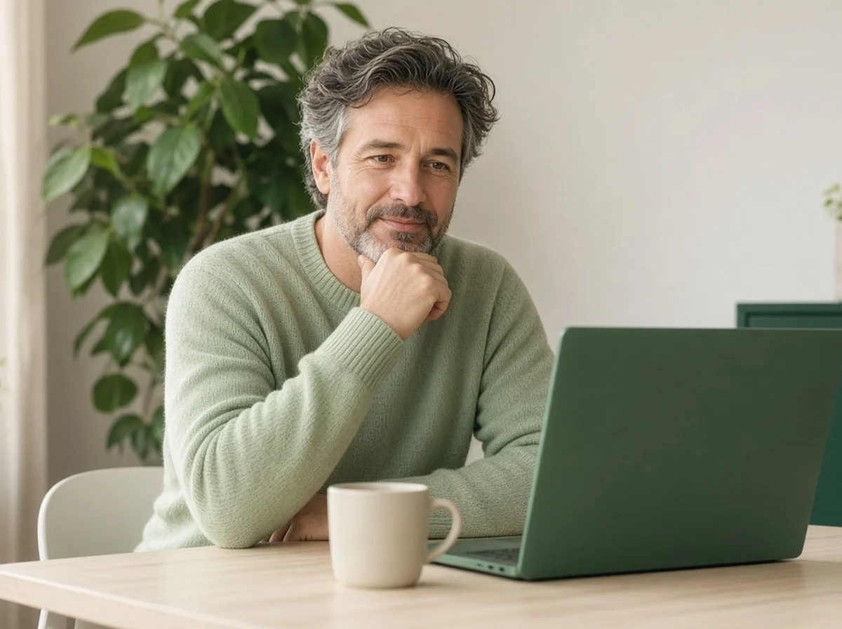 A man in his fifties at home in an online therapy session