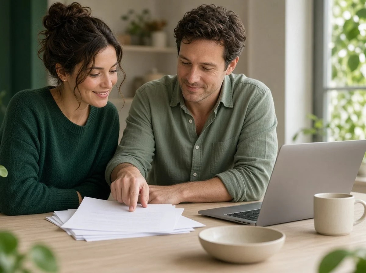 A couple reviewing their benefits paperwork together at a table