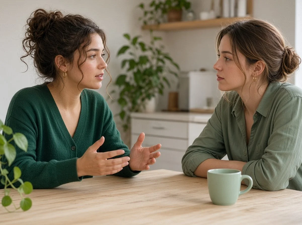 A young woman sitting at a kitchen table describing how she feels to a friend who listens closely