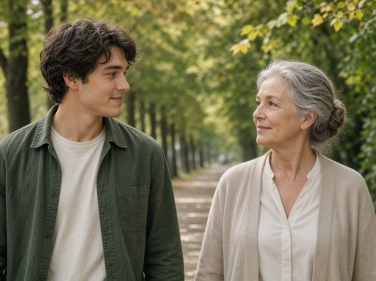 Young man and his aunt walking together on a quiet path in autumn light
