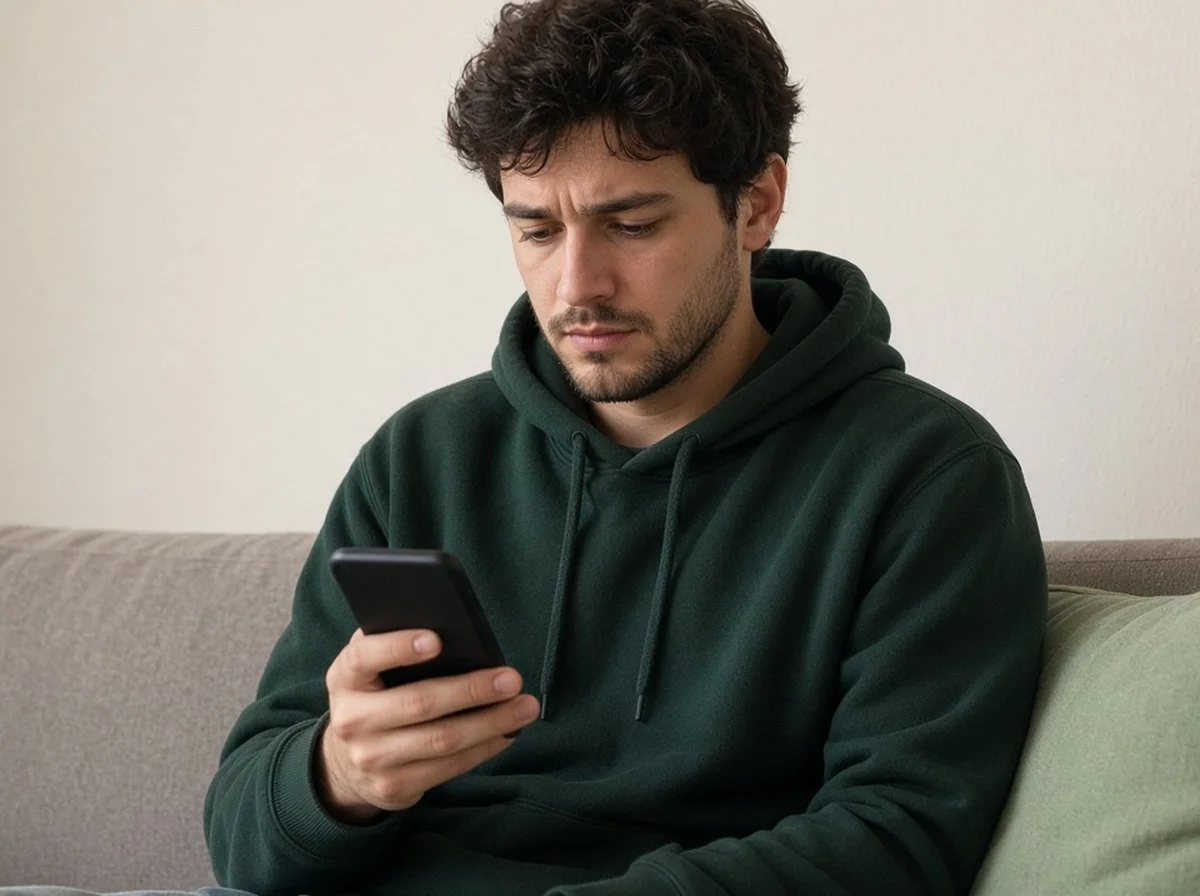 Young man in a hoodie on a sofa looking at his phone