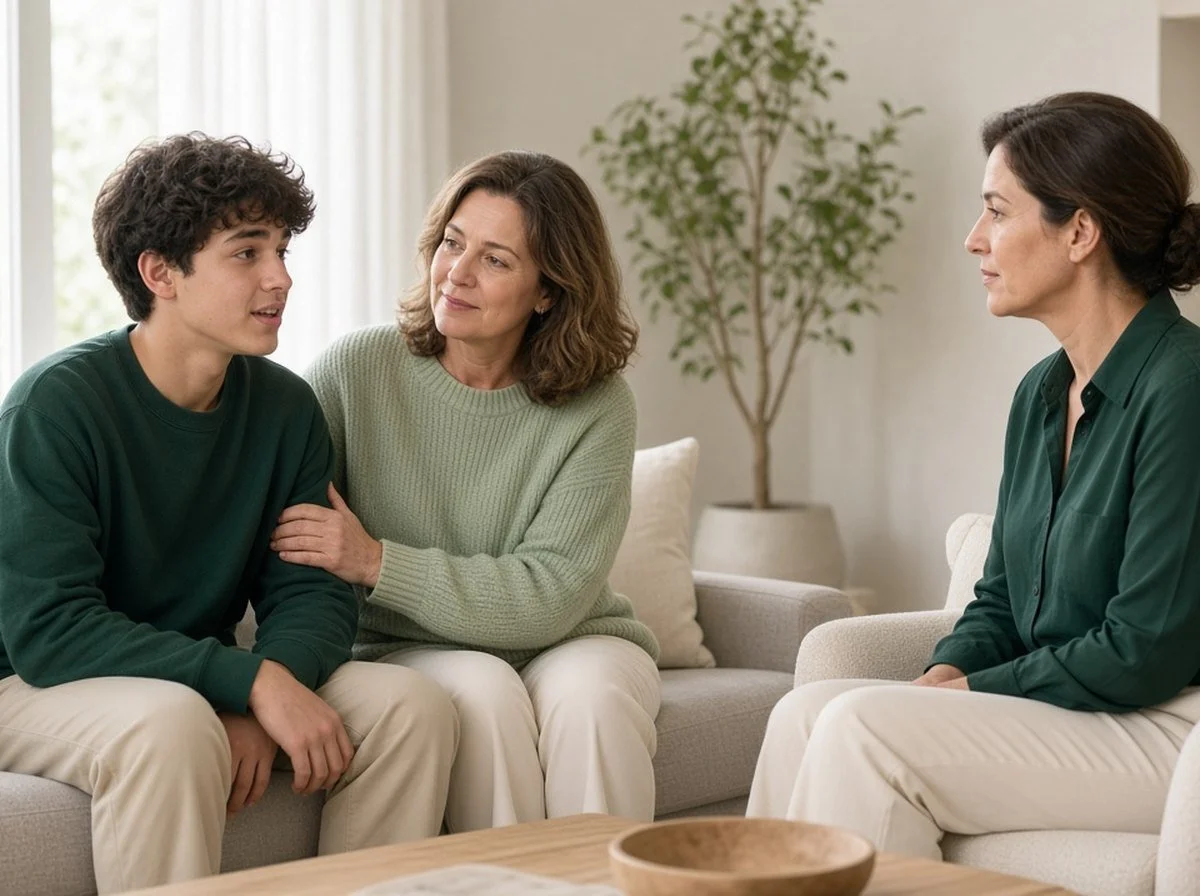 A teen and parent talking with a therapist