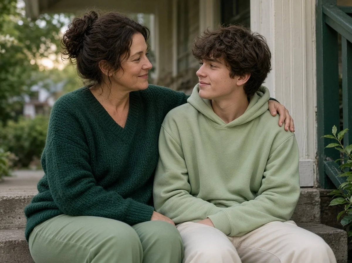 A parent with an arm around a teen on a porch step, both smiling gently at each other