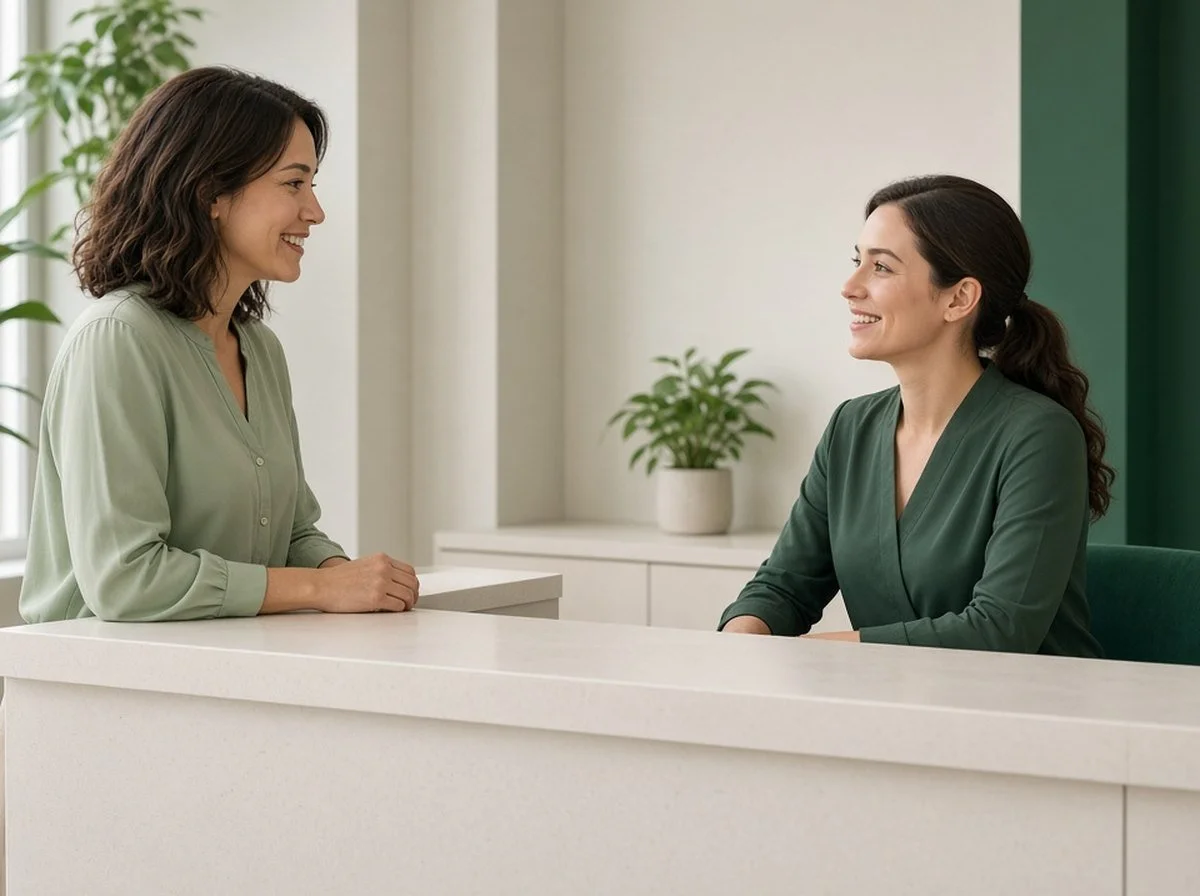 A client smiling with a receptionist at a clinic front desk