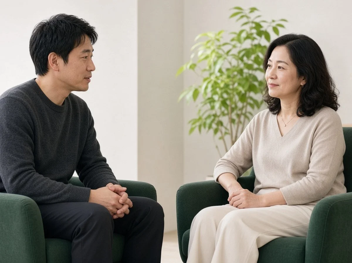 Man talking with a woman therapist in a bright office