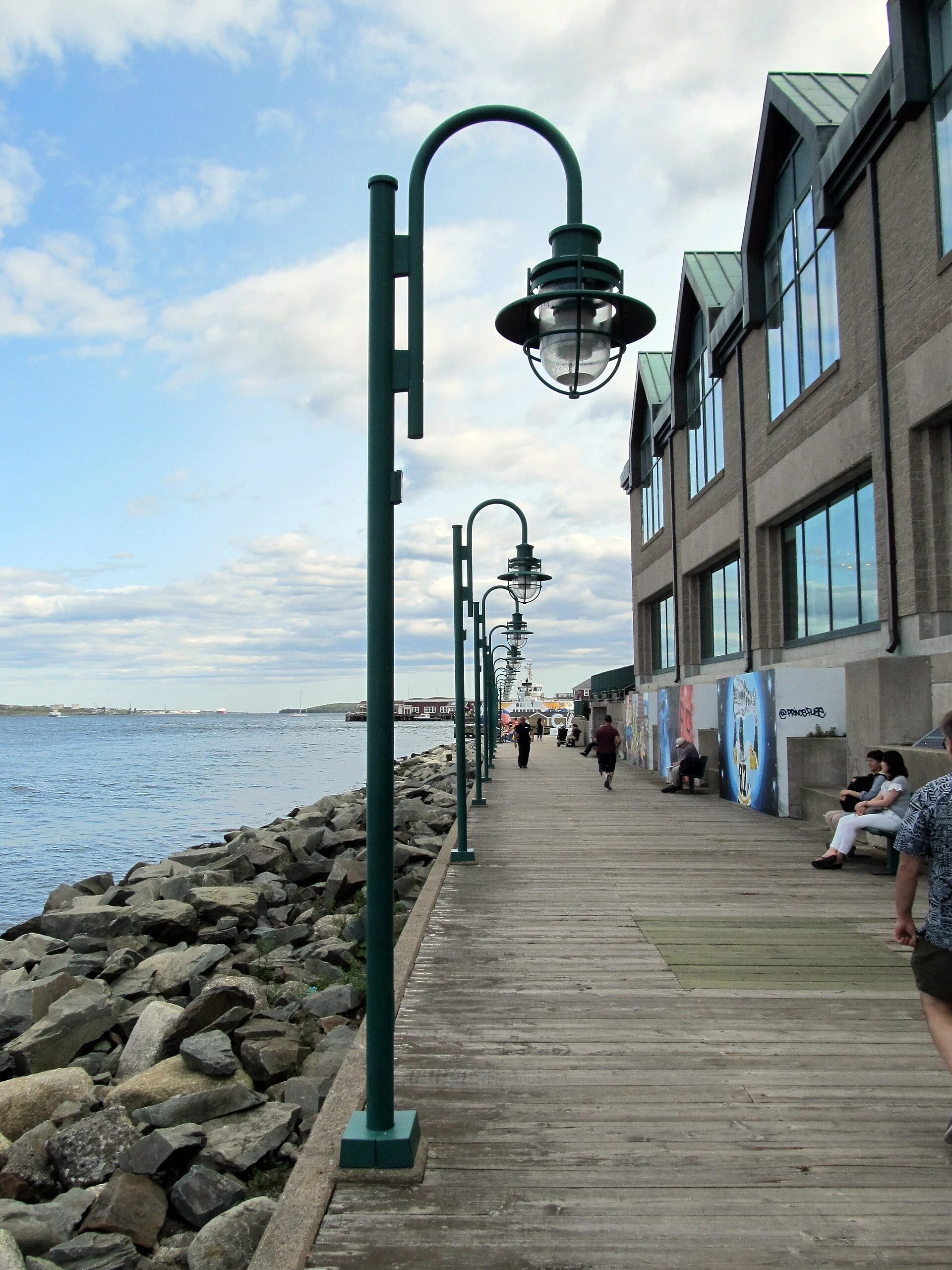 The Halifax waterfront boardwalk along the harbour.