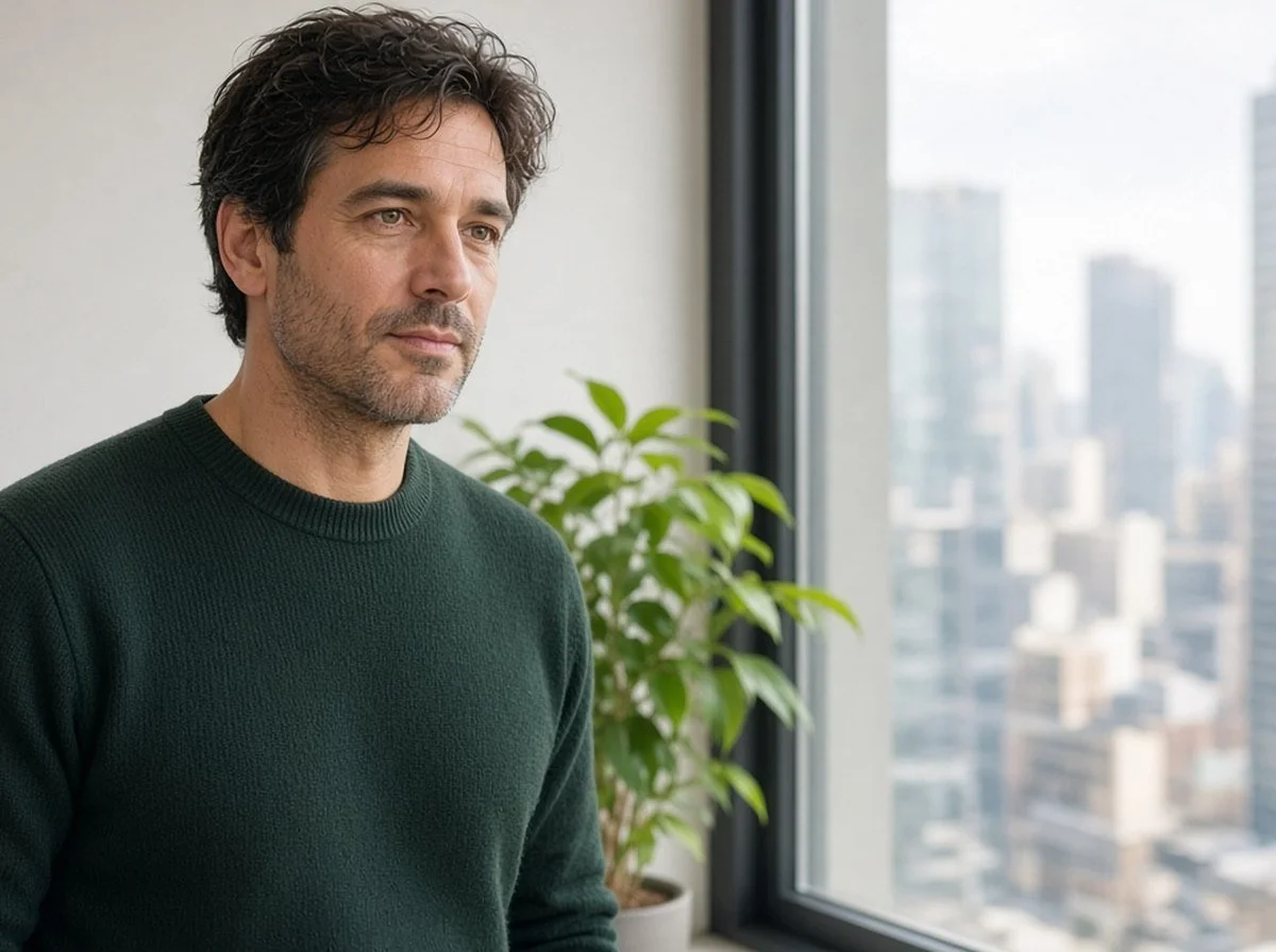 Man looking out a downtown office window, thoughtful