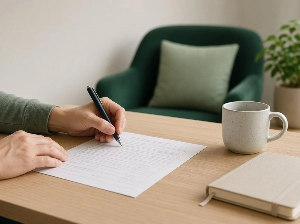 An adult filling out a questionnaire at a desk during an ADHD assessment.