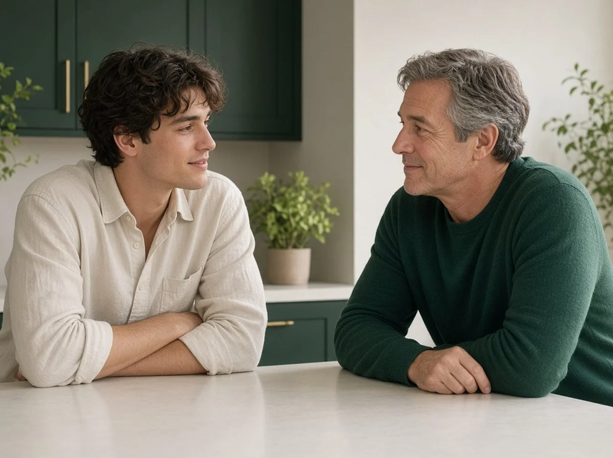 A father and his young adult son talking calmly in a kitchen