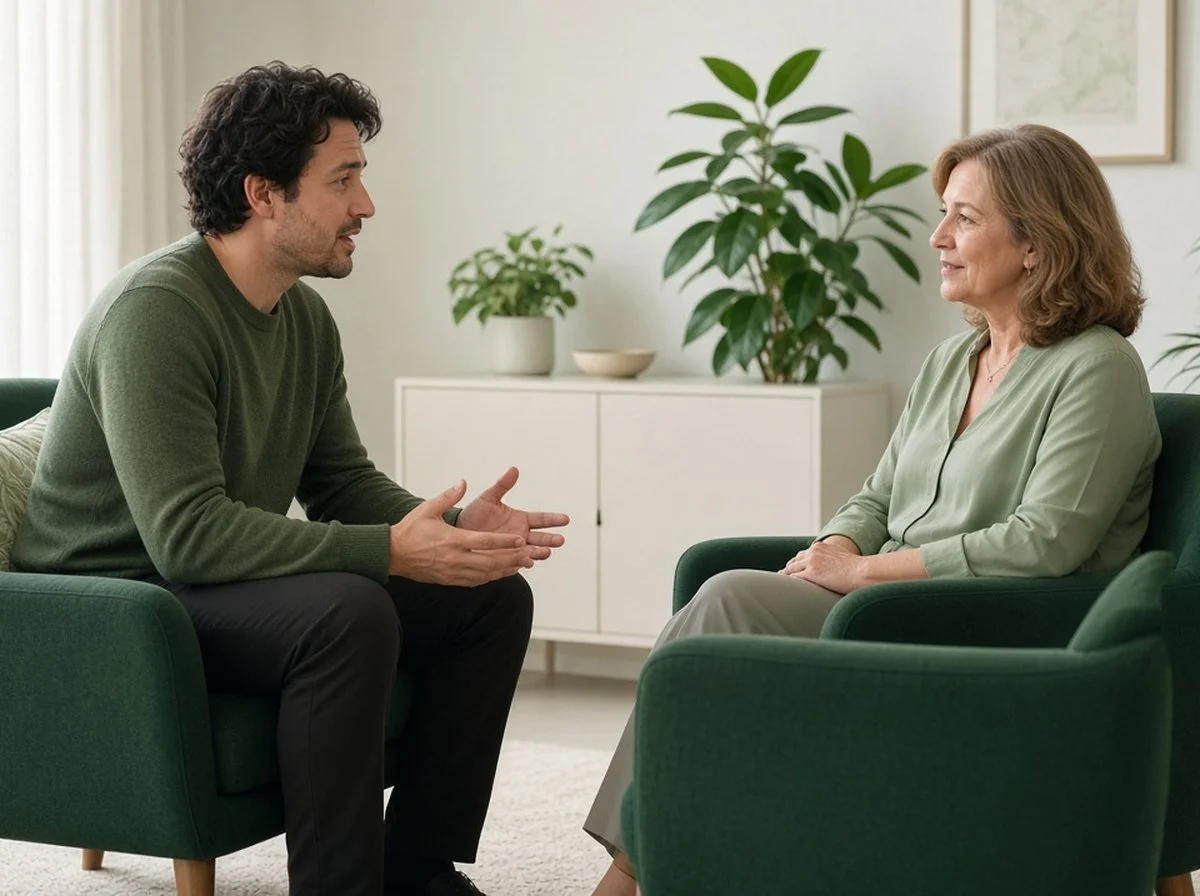 A man talking with a counsellor in a bright office