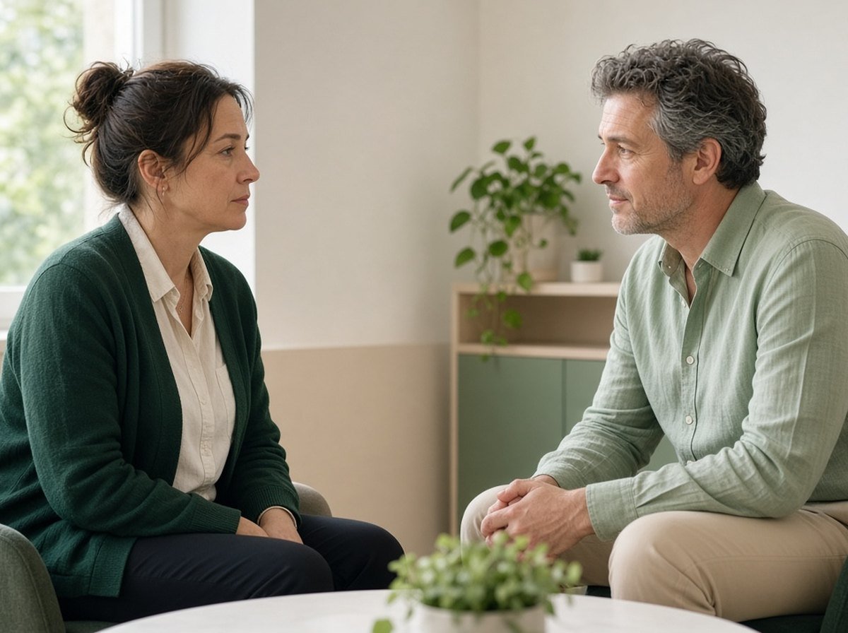 Tired woman talking with her family doctor, who listens kindly