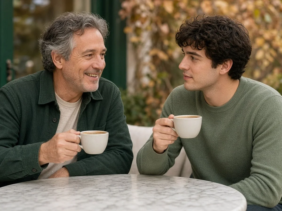 Two men sharing an honest conversation over coffee
