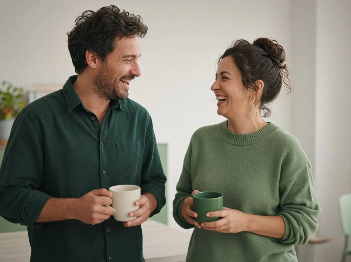 Two working parents chatting and laughing in a bright office break room