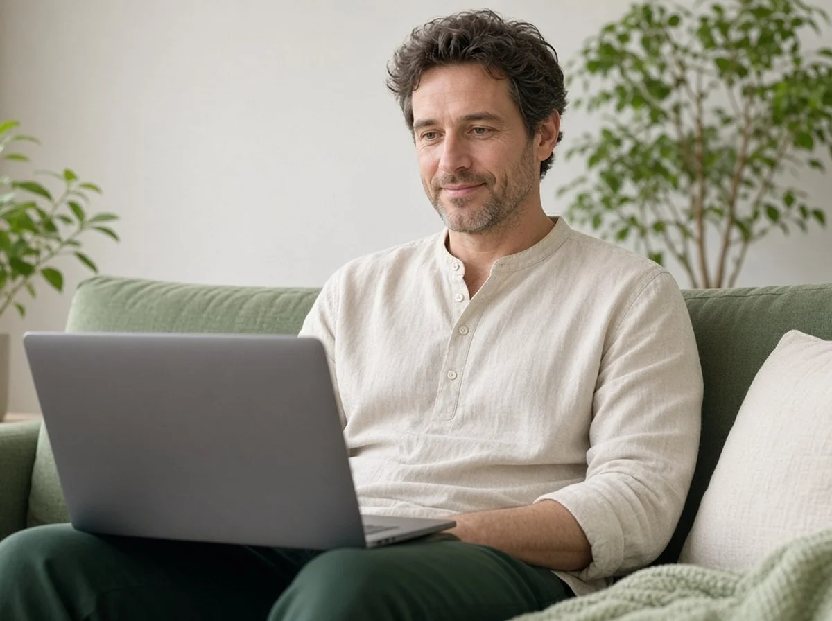 A man in an online counselling session at home