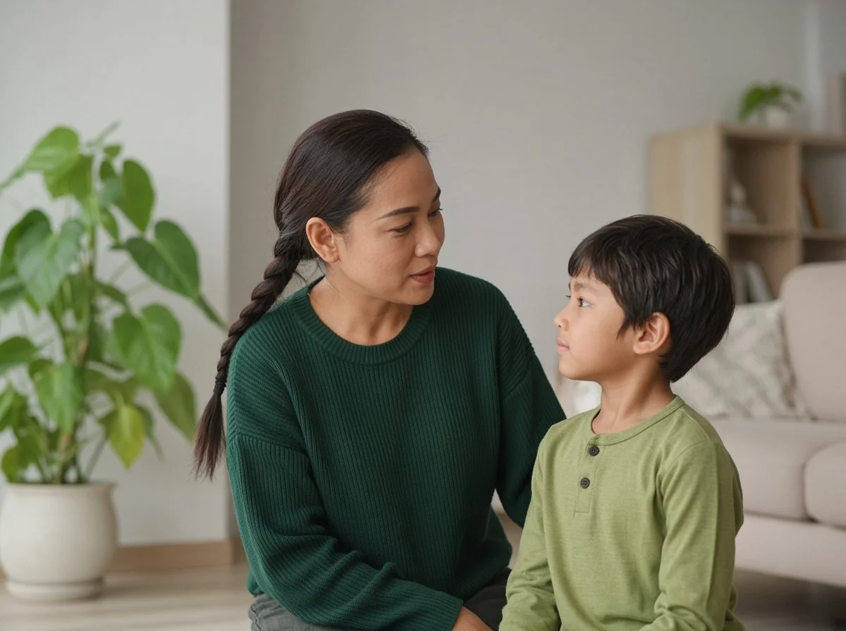 Mother kneeling to talk calmly with her young son