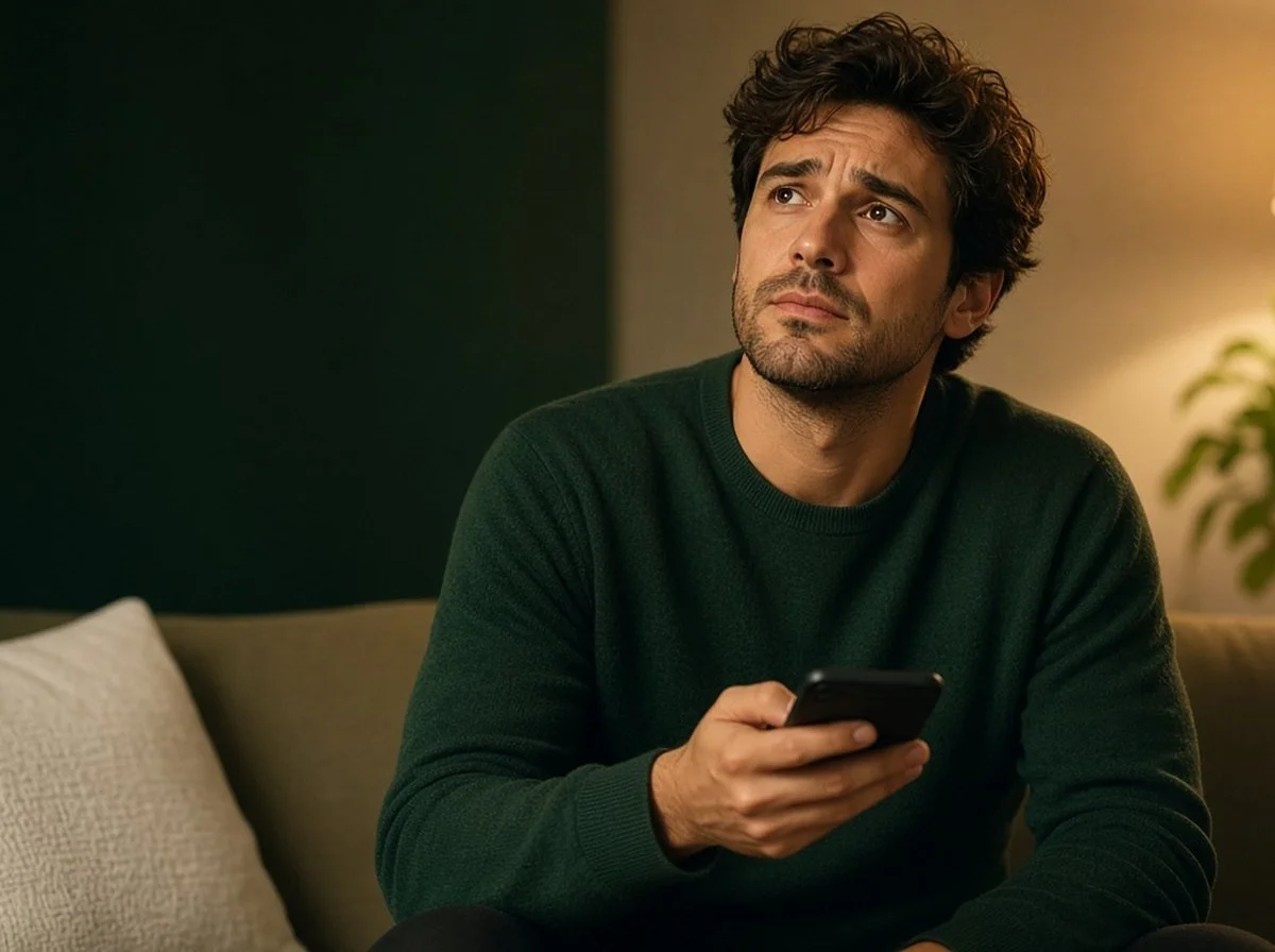 A man sitting on his couch at night looking thoughtful, phone face down in his hand