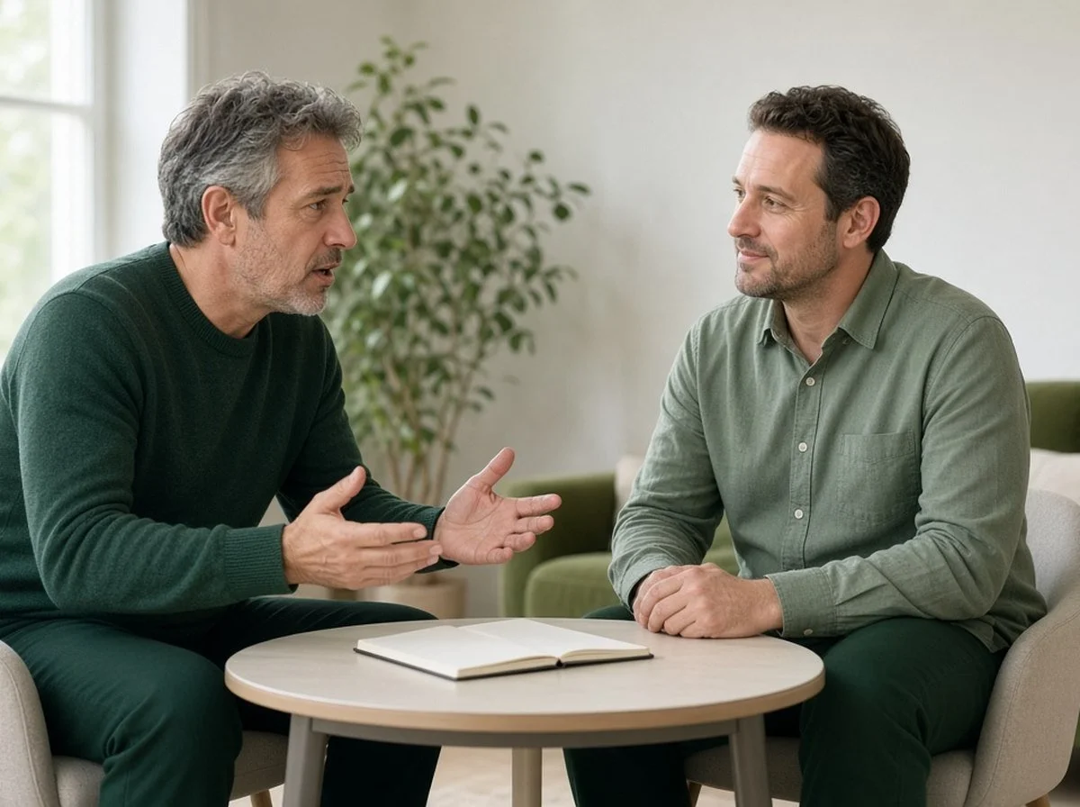 Father and a therapist talking across a small table in a bright room
