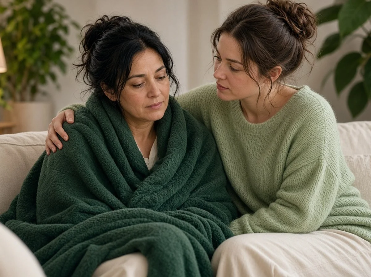 Adult being comforted by a supportive friend on a sofa at home