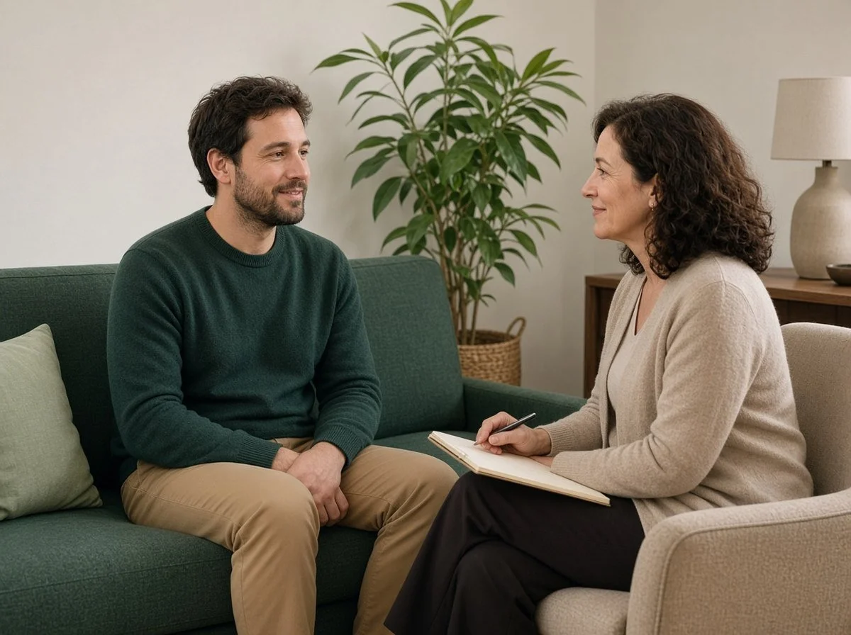 Man talking with a therapist in a warm counselling office