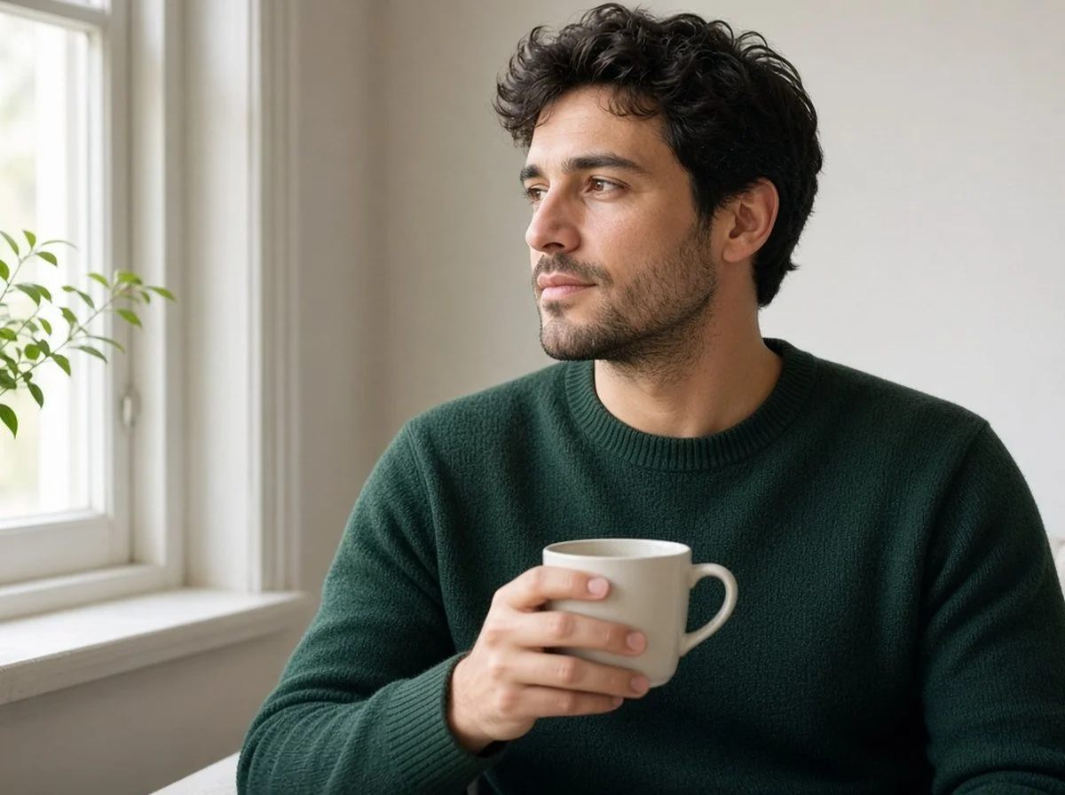 Man by a window holding a mug, looking thoughtful