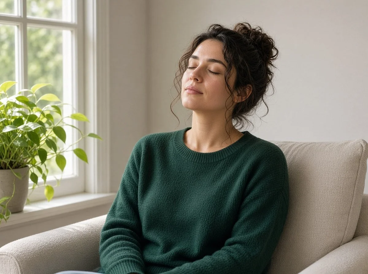 Woman sitting by a window, breathing slowly with relaxed shoulders
