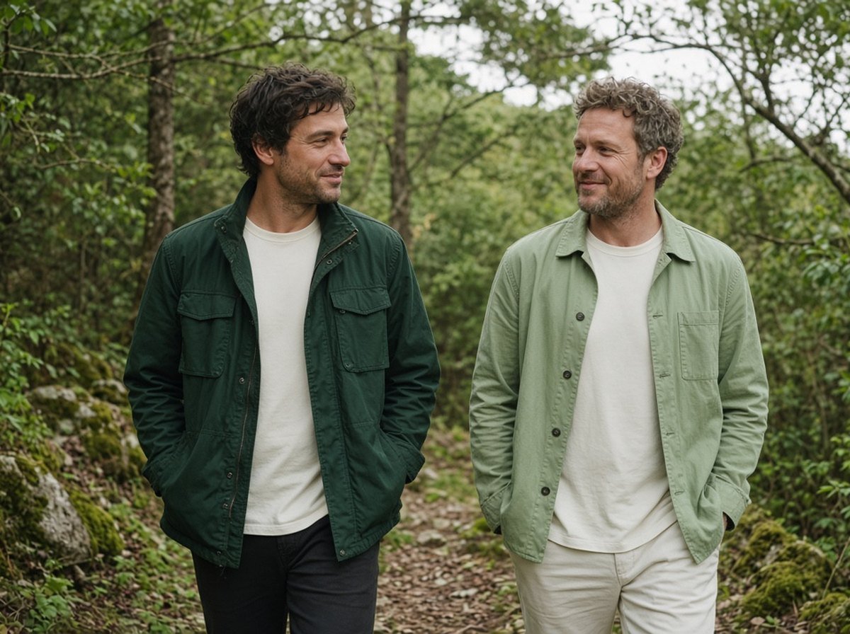 Two men walking and talking on a leafy forest trail