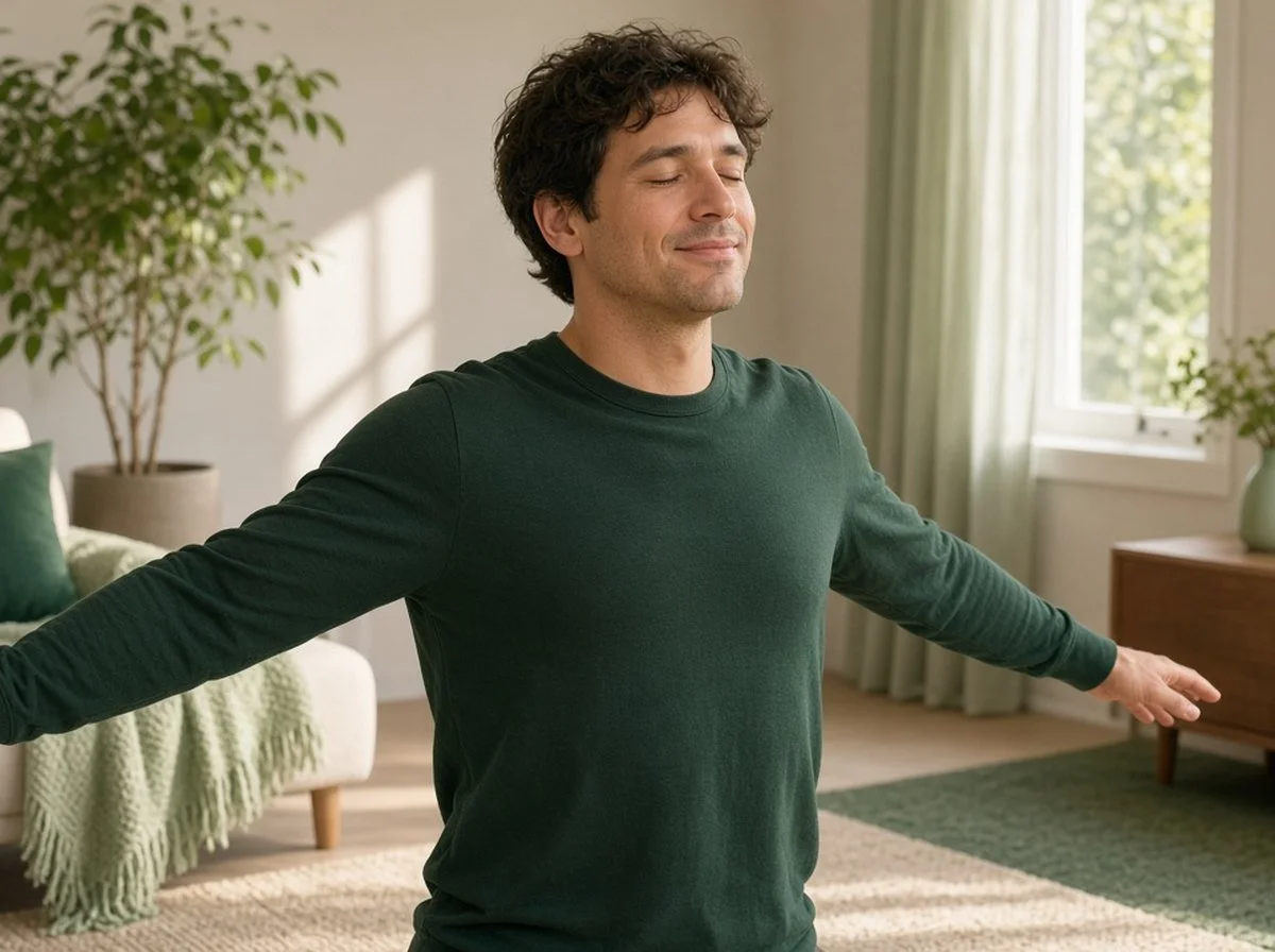 A man doing gentle stretches at home