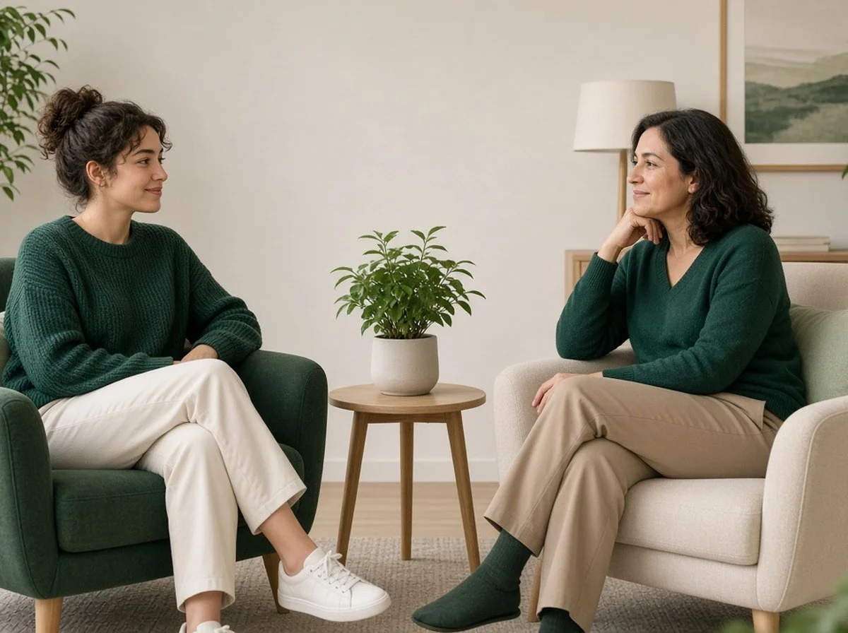 A young adult talking with a counsellor in a calm office