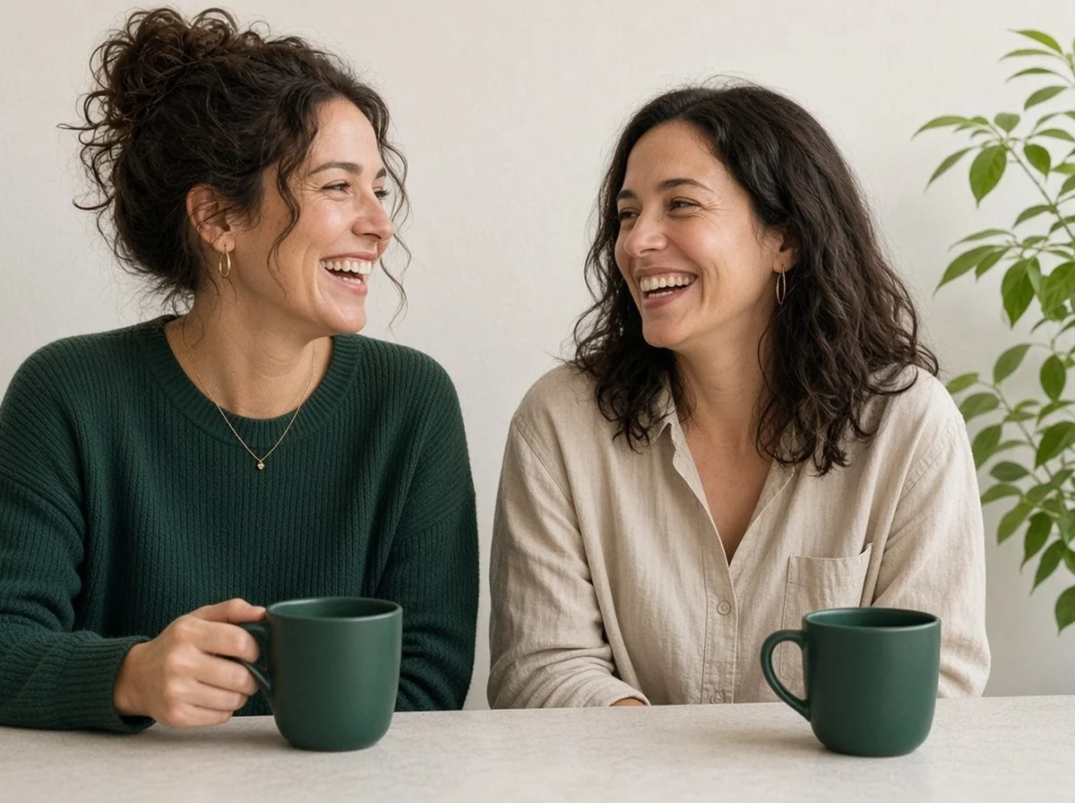 Two women laughing together over coffee