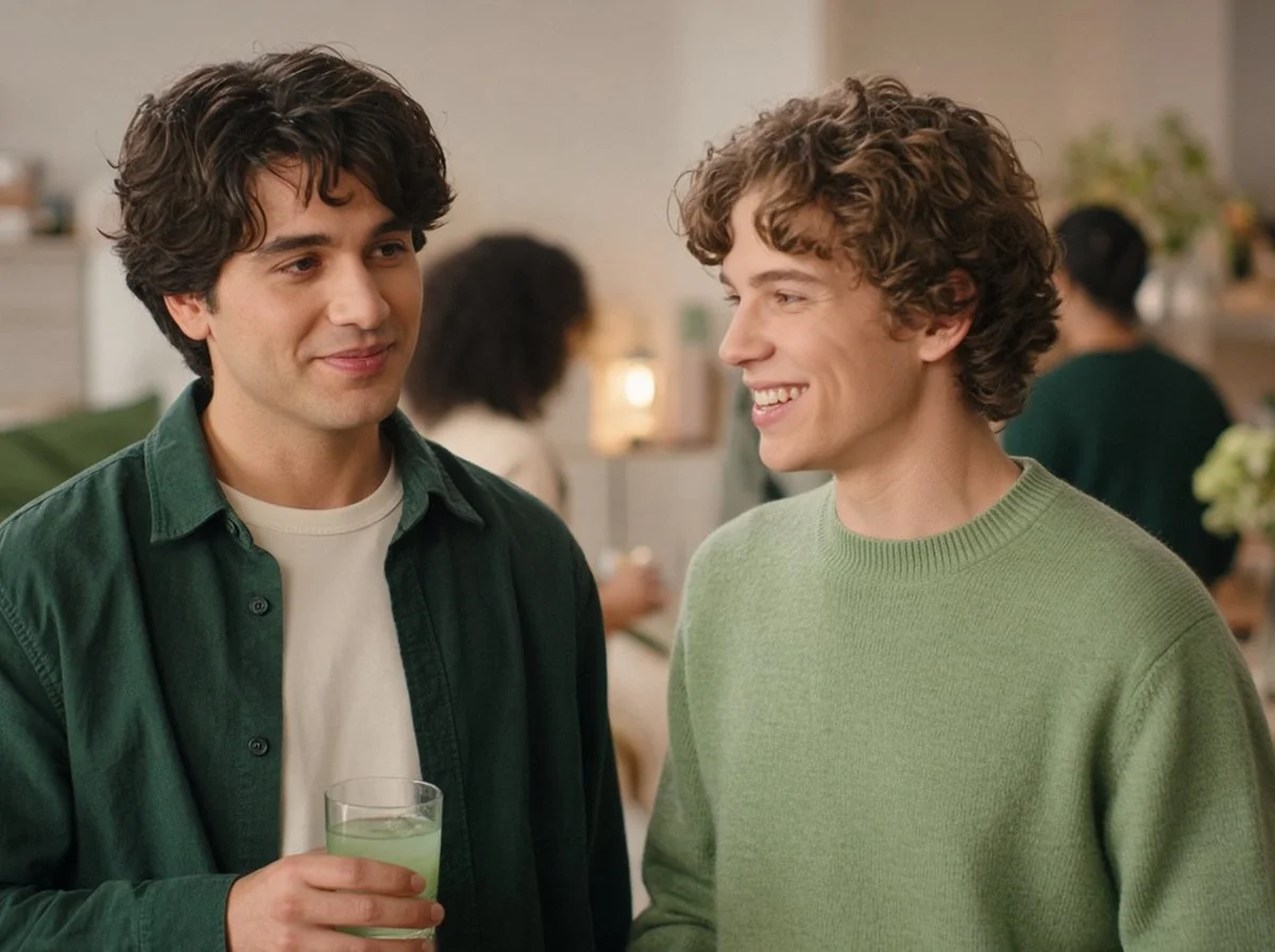 A young adult at a party smiling politely while a friend chats beside them