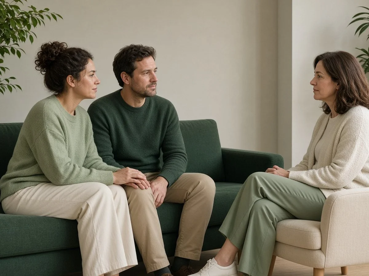 Couple on a green sofa, one reaching for the other's hand, as they talk with a counsellor