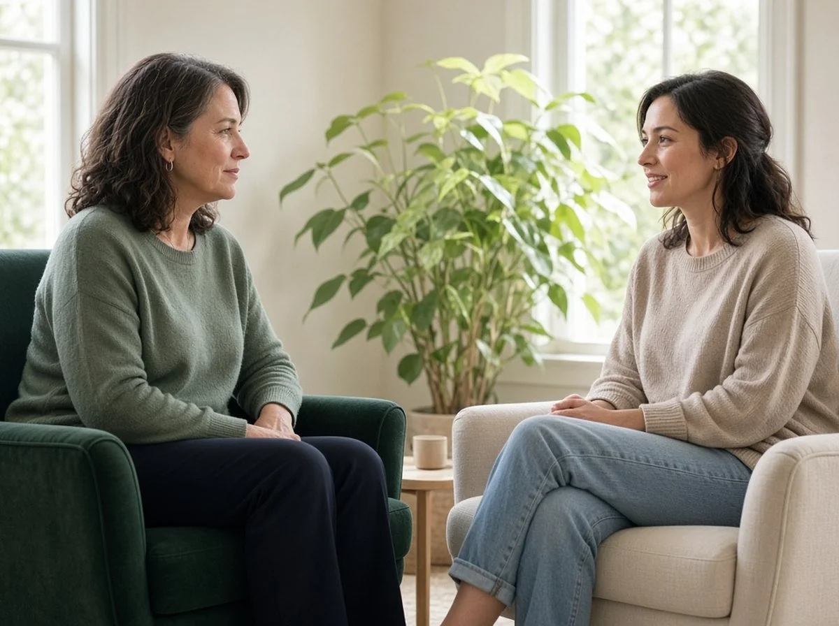 A counsellor and a client talking face to face in a bright counselling room, the client smiling a little