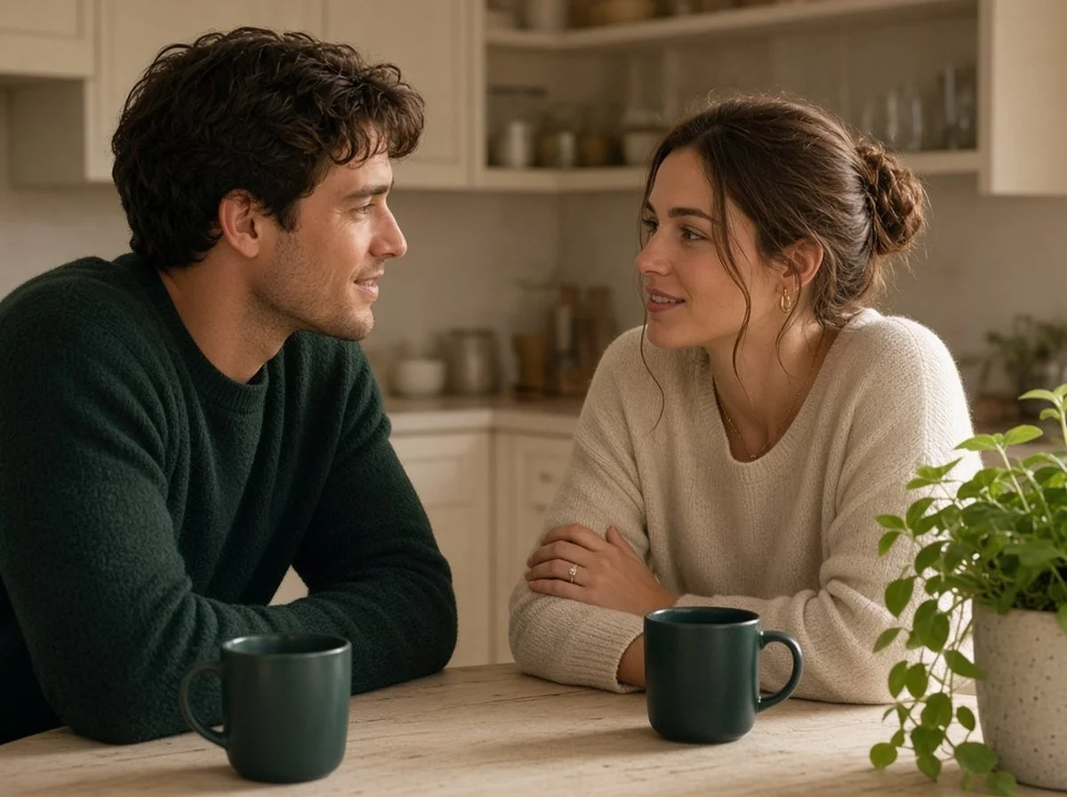 Engaged couple talking at a kitchen table with mugs