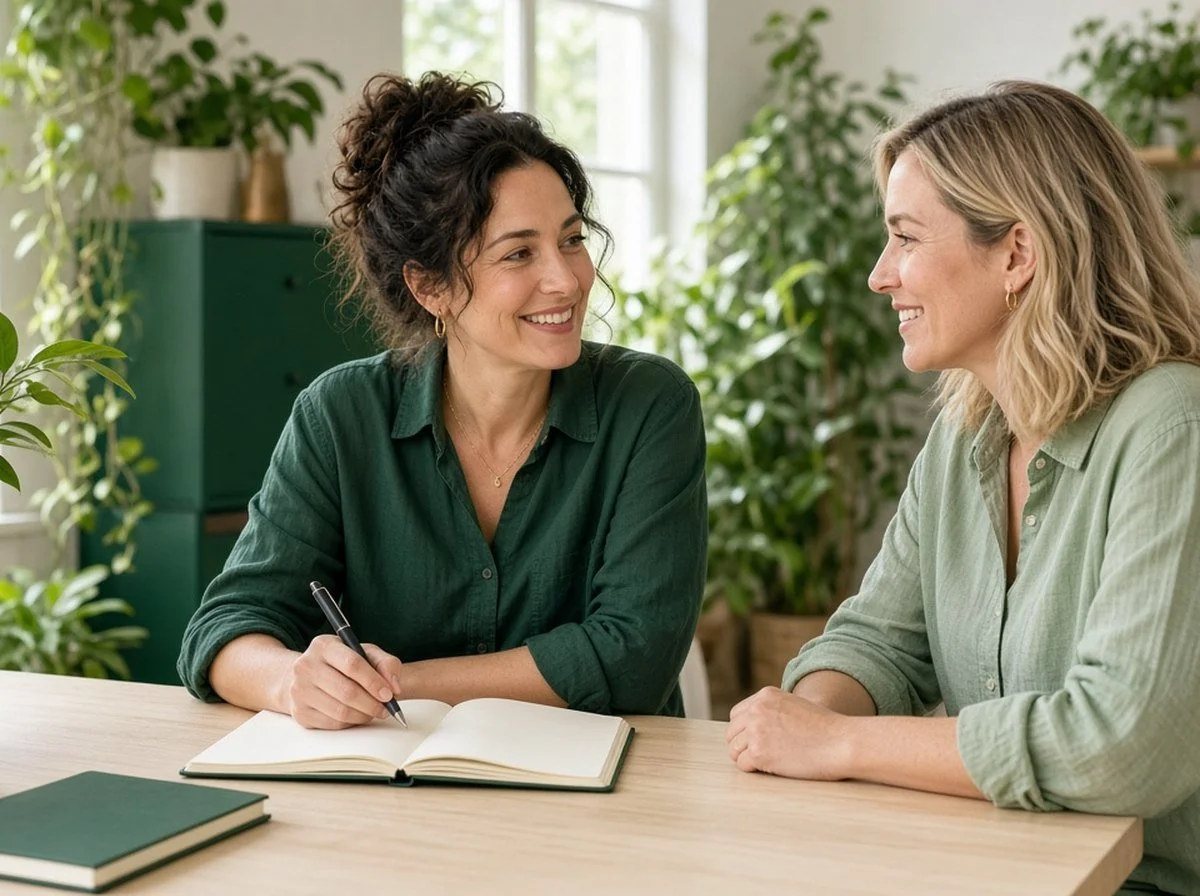 An adult at a desk tapping a pen while chatting with a coworker