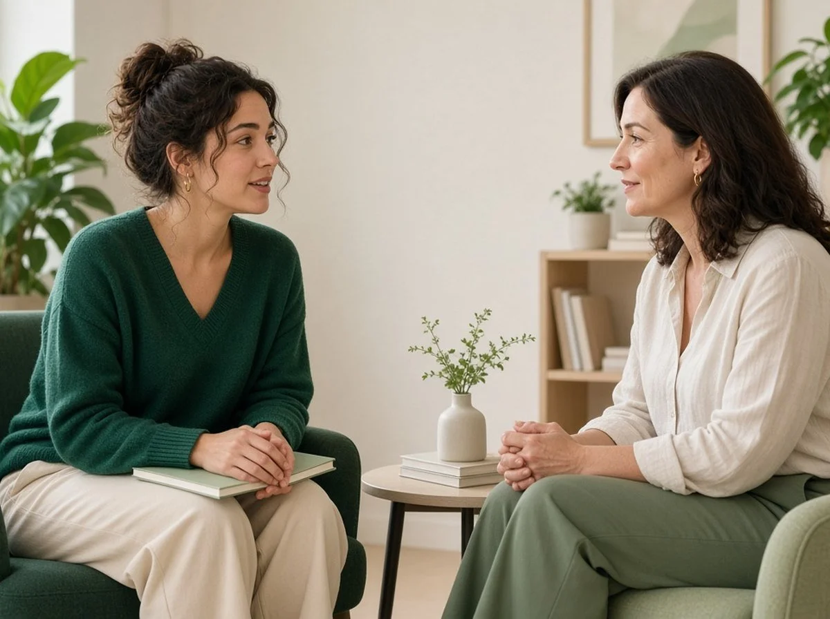 A young woman sharing her progress with a therapist in a bright room