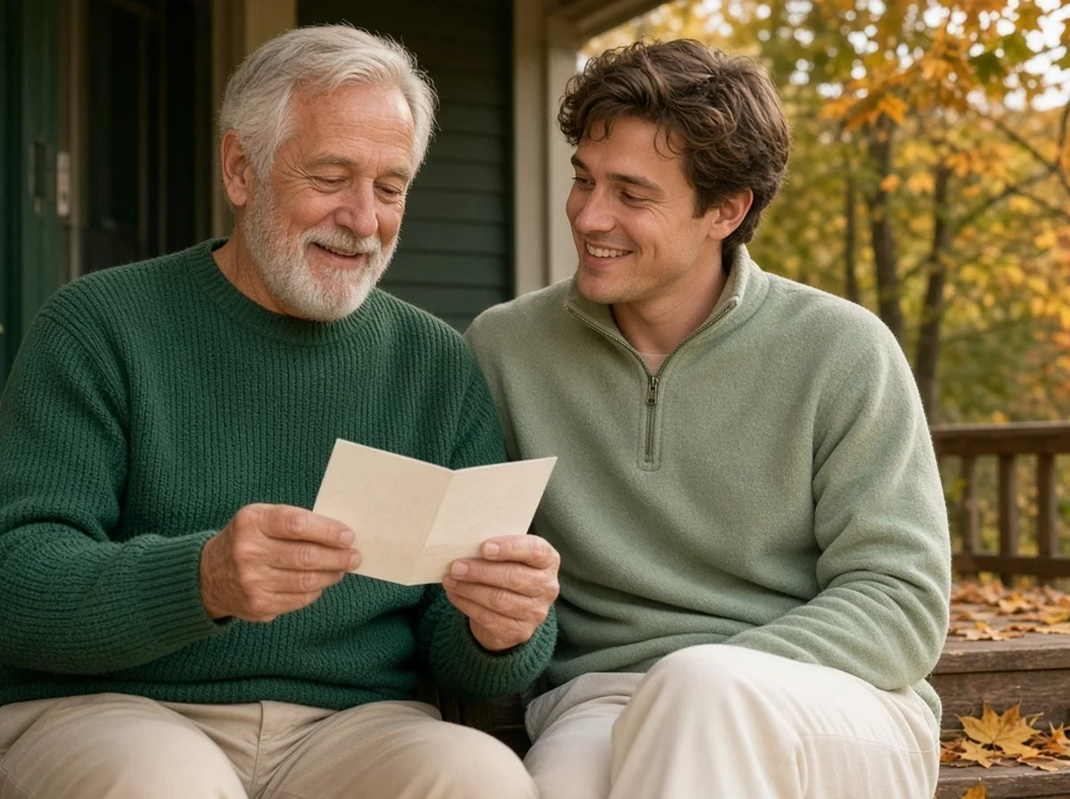 A man in his sixties smiling while reading a handwritten card on a porch