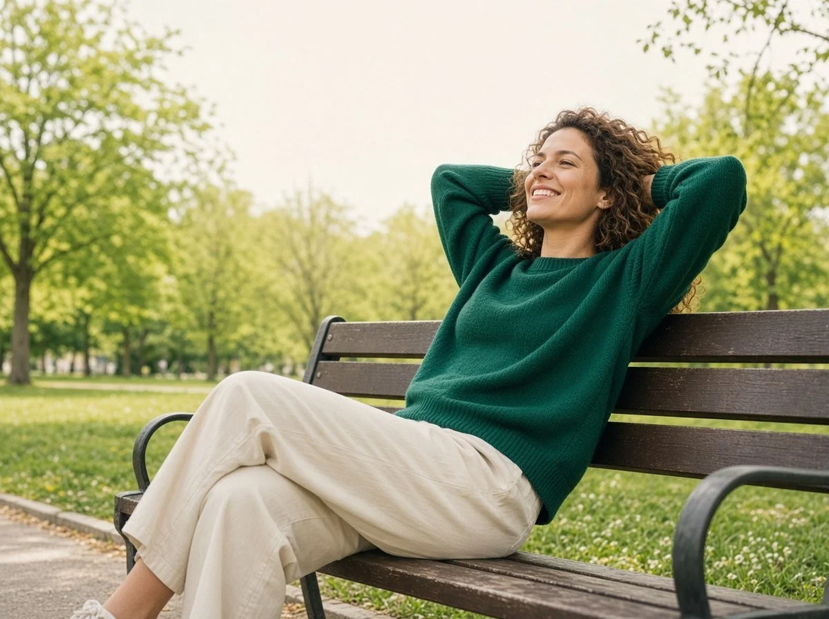 Woman relaxing on a park bench in comfortable clothes, smiling