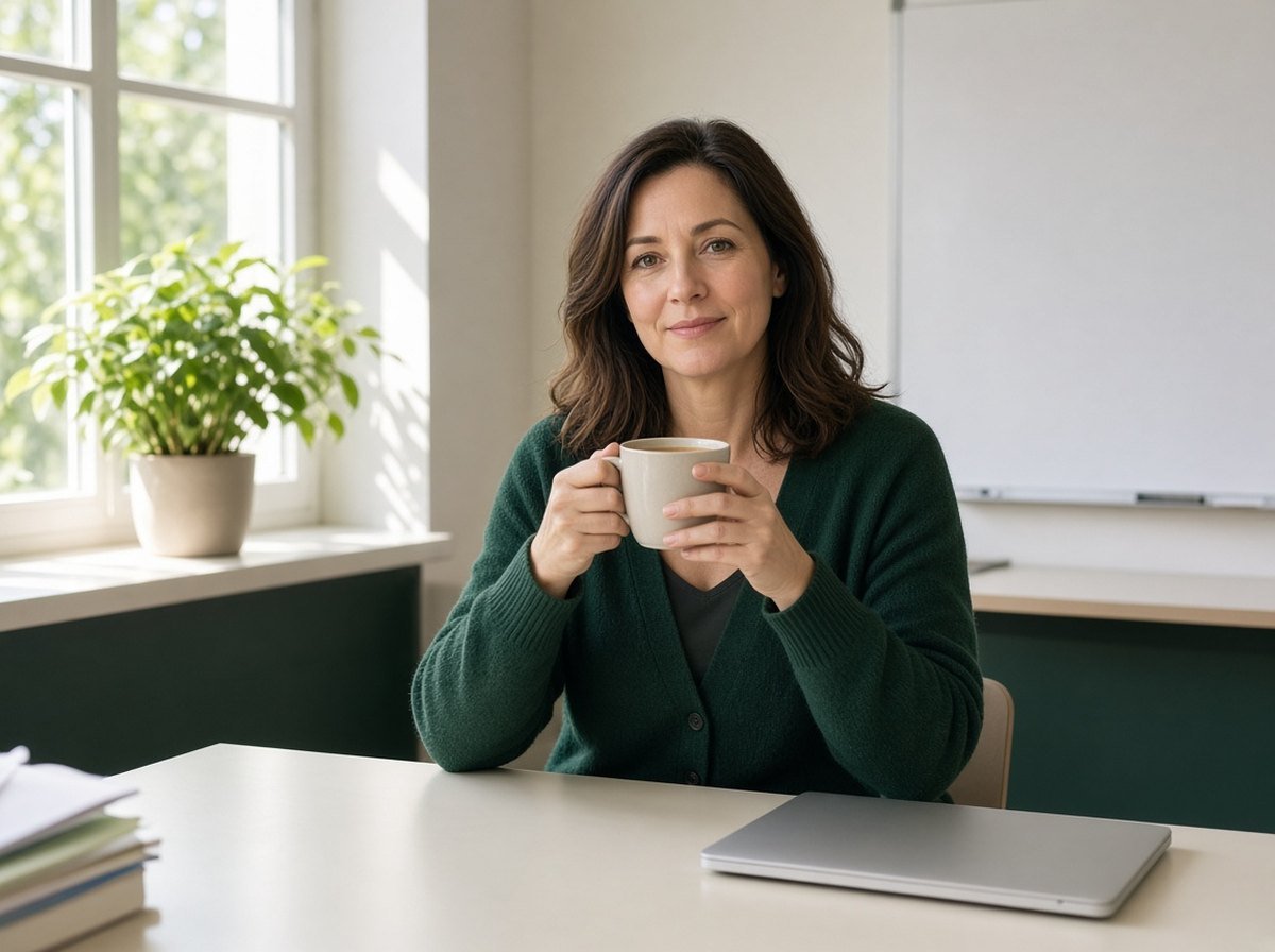 Teacher pausing with a cup of tea in an empty classroom after school