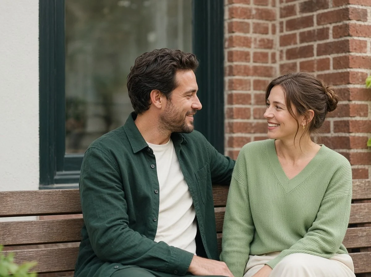A relaxed couple sitting together outdoors