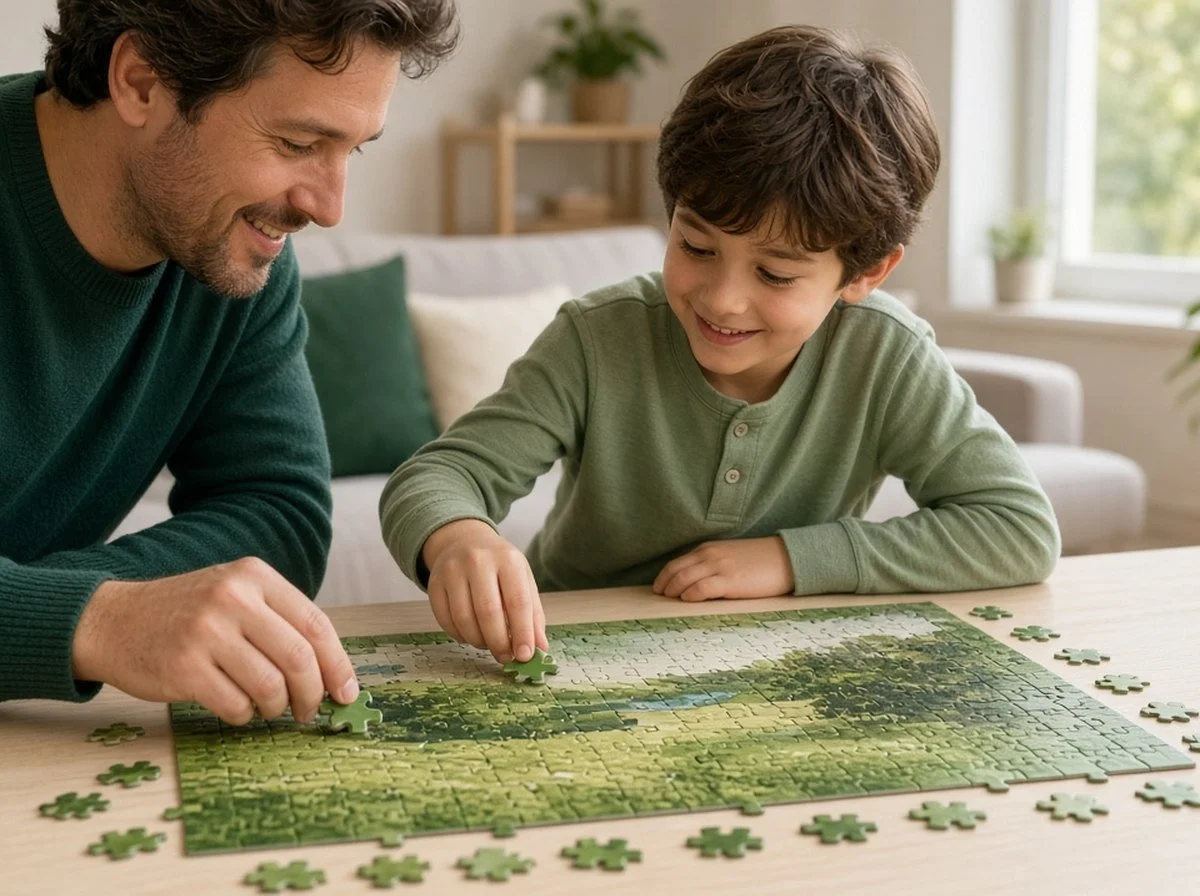 A parent and child doing a puzzle together