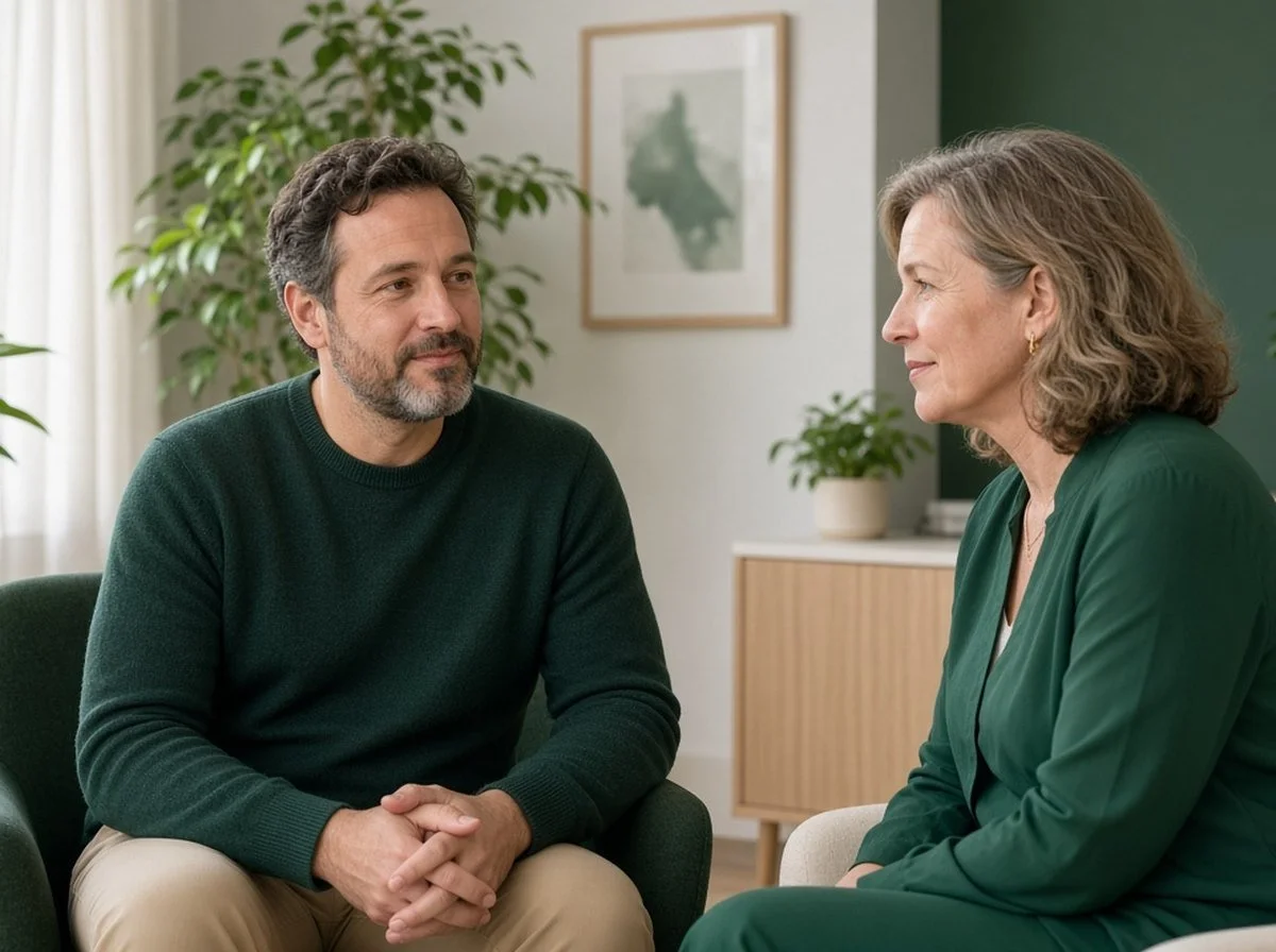 A man talking with a therapist about a big life change