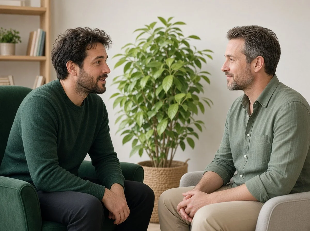 Man talking with a therapist in a calm counselling office